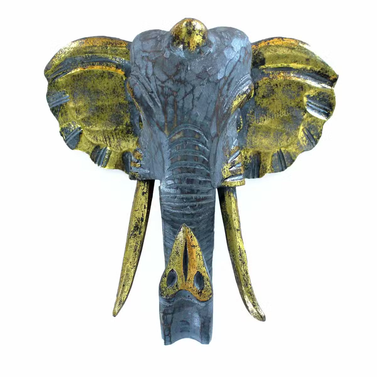Tête d'éléphant murale en bois sculpté main, patine grise et or