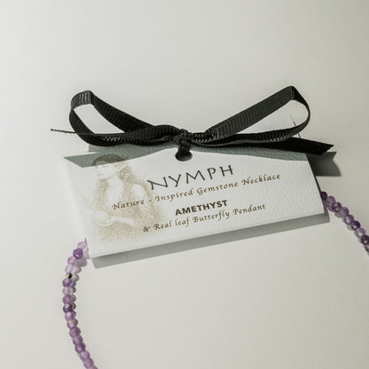 Collier Améthyste – Pendentif Papillon en Véritable Feuille