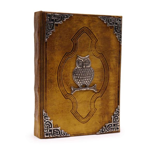 Grimoire en cuir couleur miel, encadrement de métal argenté repoussé et hibou central