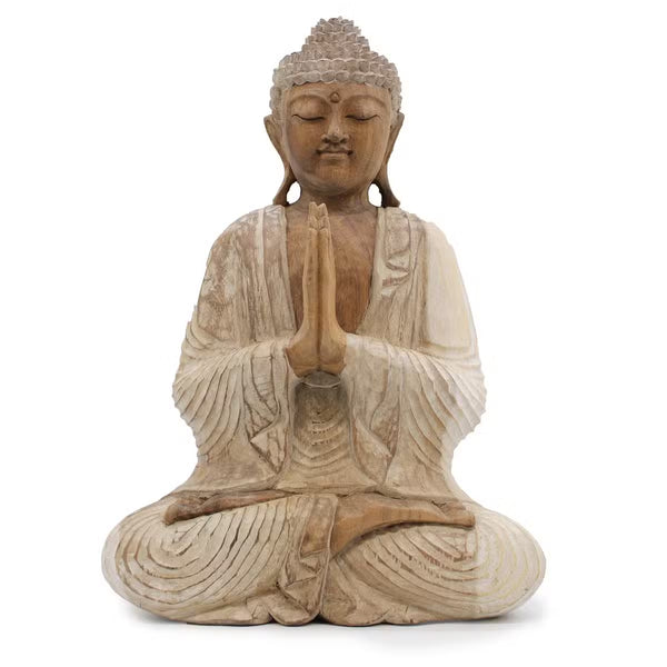 Bouddha assis mains jointes en bois de suar blanchi, 40 cm