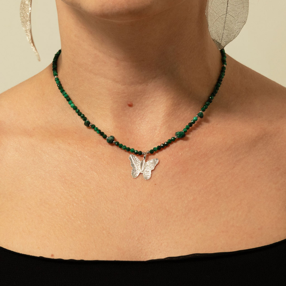 Collier Malachite – Pendentif Papillon en Véritable Feuille