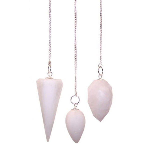 Pendules cône à facettes en quartz neige blanc opaque, chaîne argentée et perle de pierre