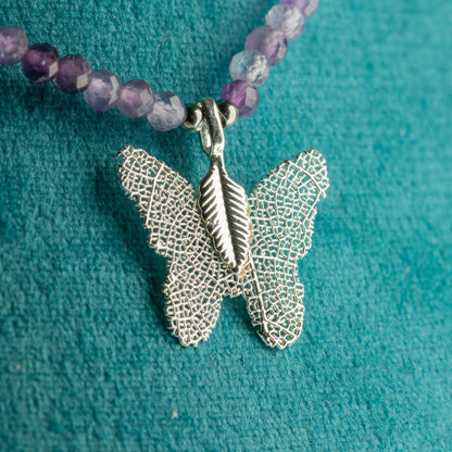 Collier Améthyste – Pendentif Papillon en Véritable Feuille