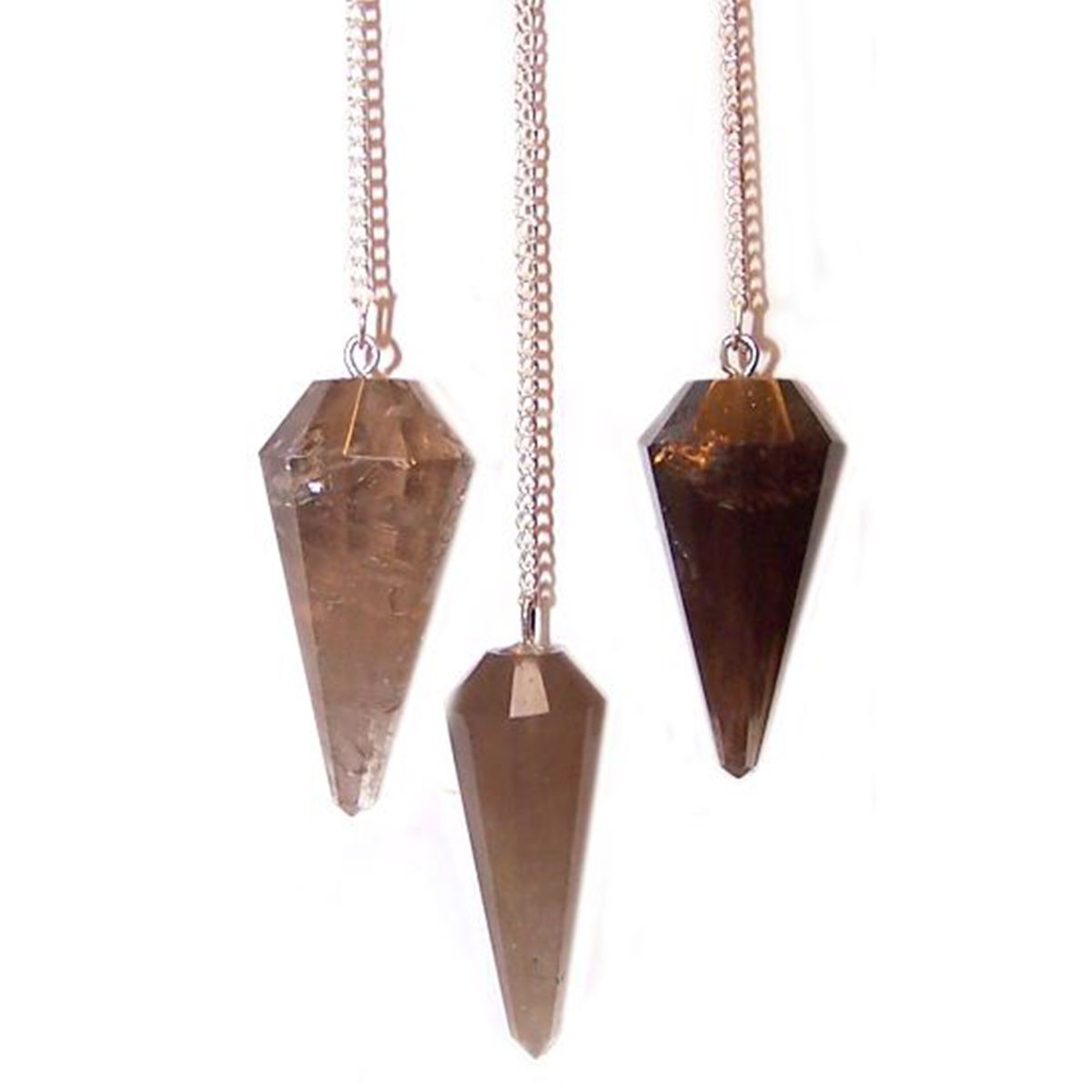 Pendules cône à facettes en quartz fumé gris-brun, chaîne argentée et perle de pierre