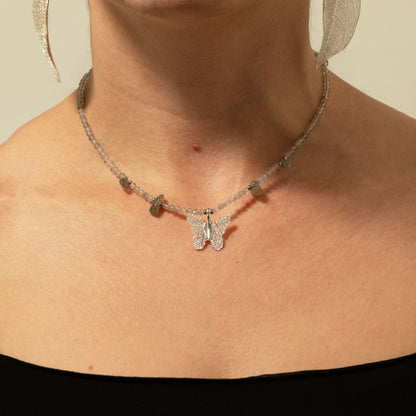 Collier Labradorite – Pendentif Papillon en Véritable Feuille