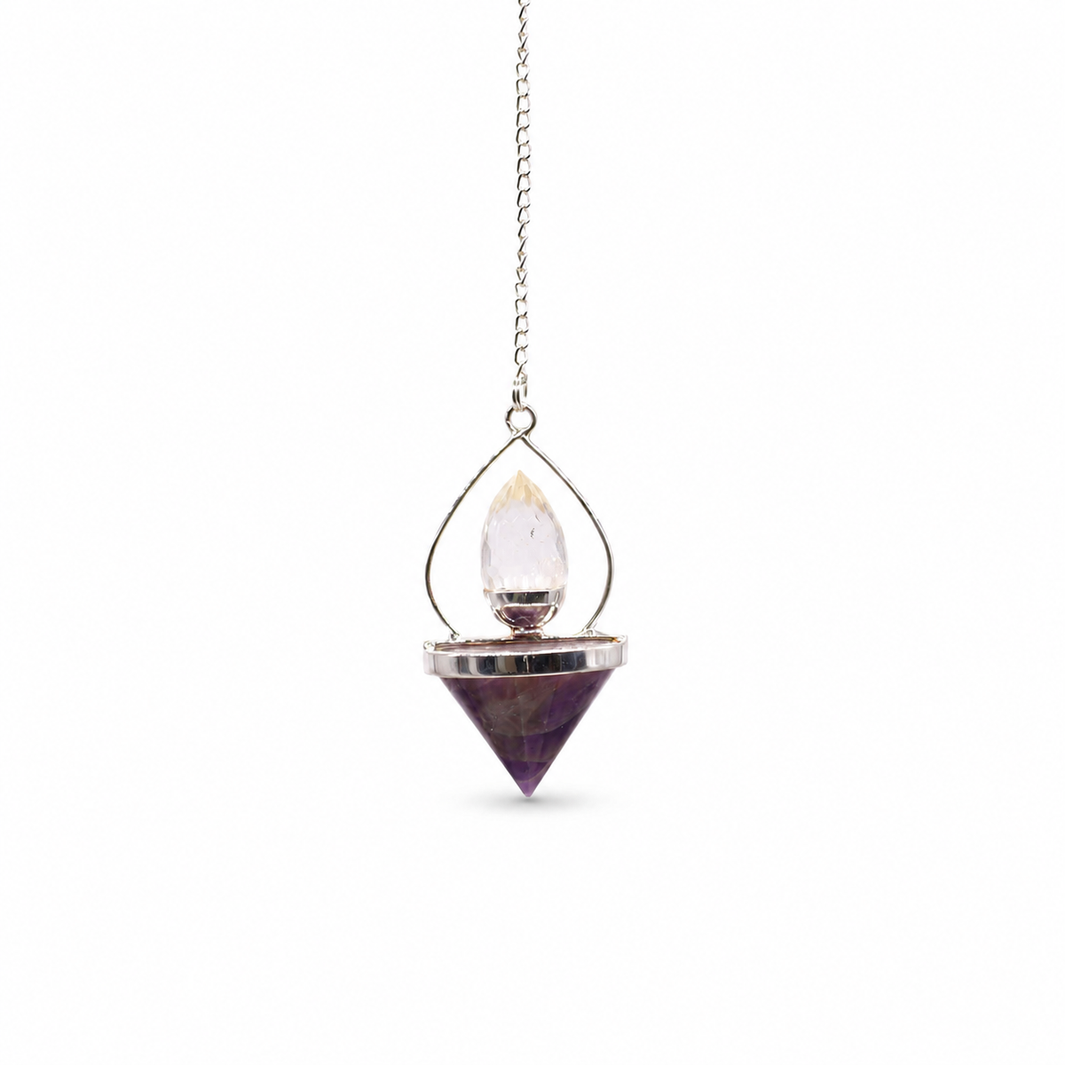 Pendule lanterne à cage métallique ajourée, améthyste et cristal de roche