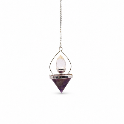 Pendule lanterne à cage métallique ajourée, améthyste et cristal de roche