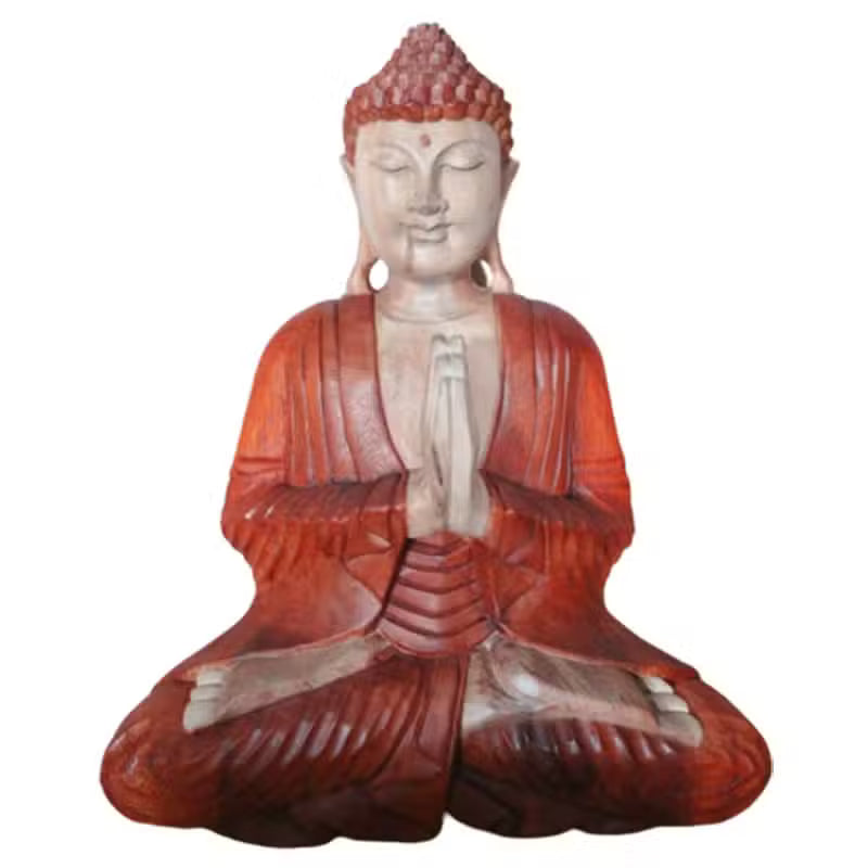 Bouddha assis mains jointes en bois de suar naturel, 40 cm