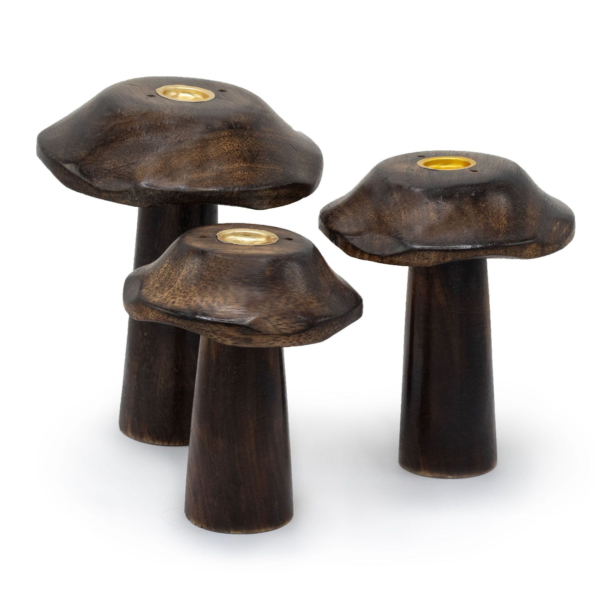 Porte-Encens Champignons Plats – Trio en Bois Sculpté, 13, 12 & 11 cm