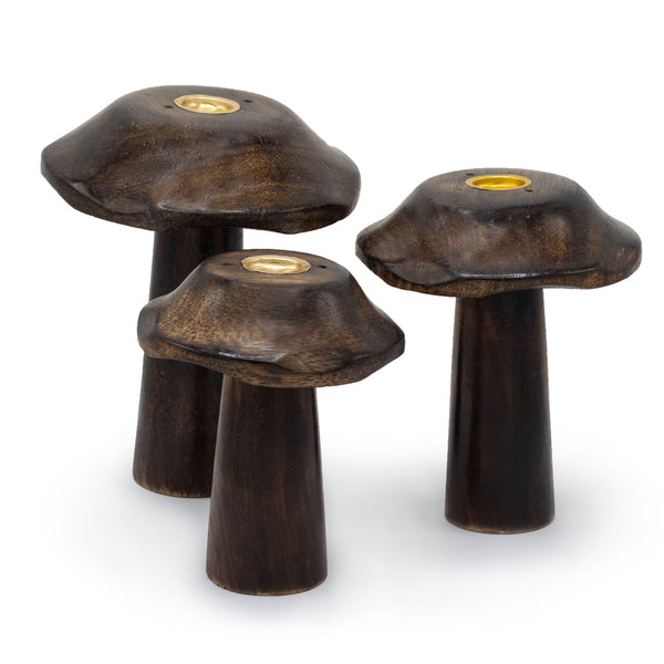 Porte-Encens Champignons Plats – Trio en Bois Sculpté, 13, 12 & 11 cm