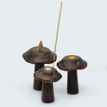 Porte-Encens Champignons Plats – Trio en Bois Sculpté, 13, 12 & 11 cm