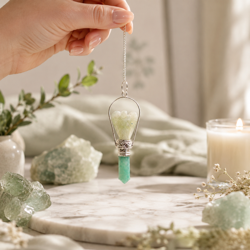 Détail des paillettes de l'aventurine verte sur la silhouette d'ange