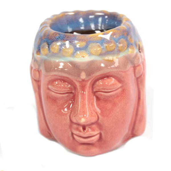 Brûle-parfum tête de Bouddha en céramique rose et sarcelle