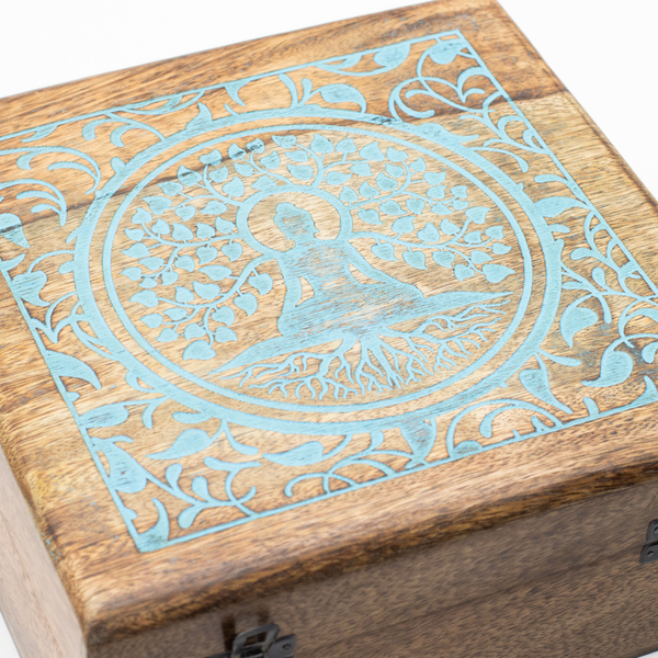 Grande boîte en manguier 25 cm, couvercle gravé d'un arbre de la Bodhi turquoise et fermoir métal
