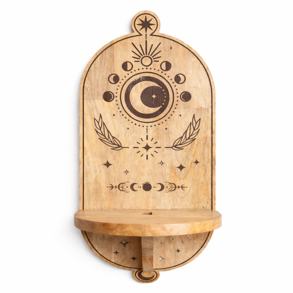 Étagère murale en arche de manguier gravé : étoile à huit branches au sommet, soleil rayonnant, cercle complet de phases de lune autour d'un croissant, rameaux et étoiles