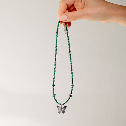 Collier Malachite – Pendentif Papillon en Véritable Feuille