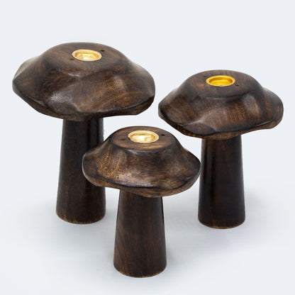 Porte-Encens Champignons Plats – Trio en Bois Sculpté, 13, 12 & 11 cm