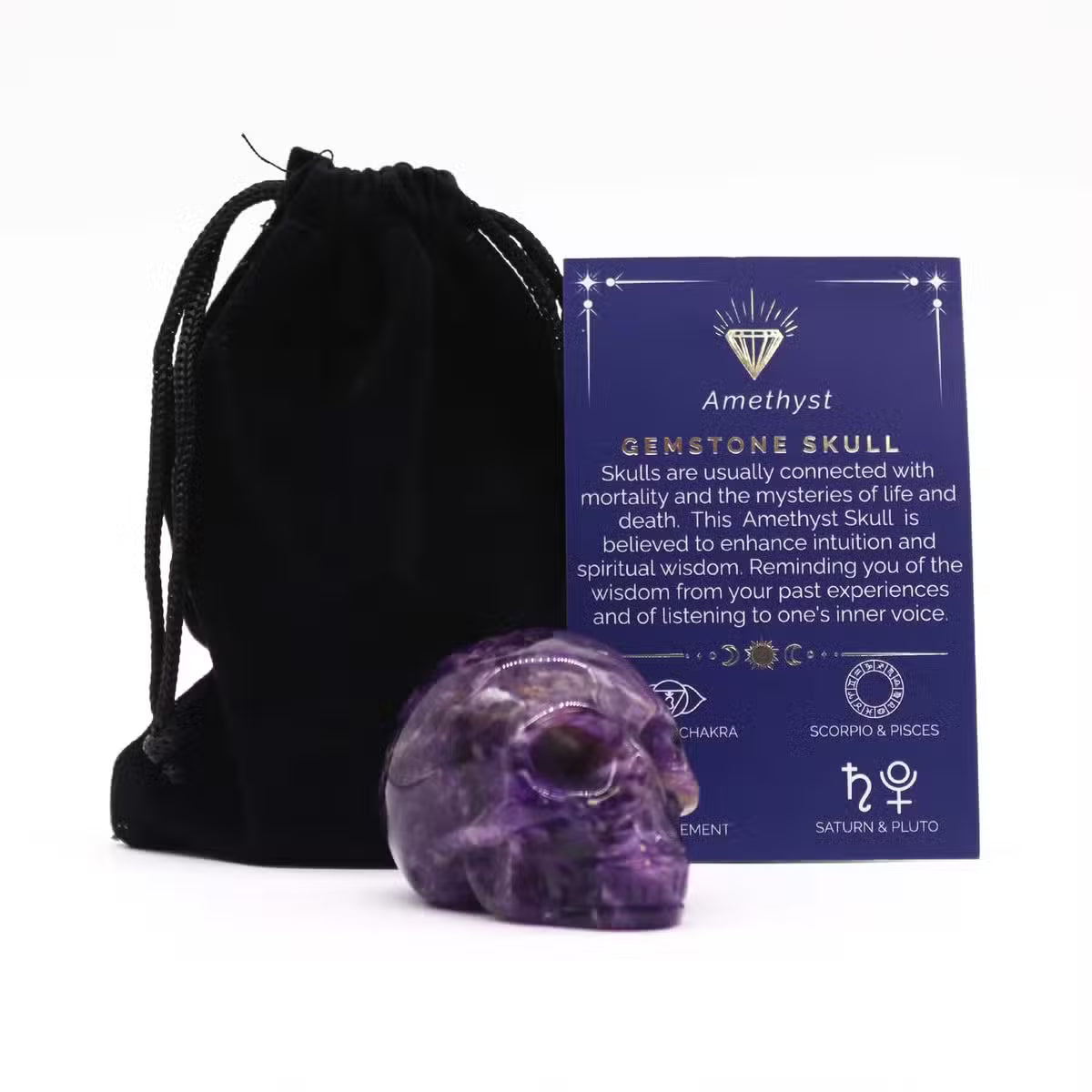Crâne sculpté en améthyste avec pochette et carte, 5 cm