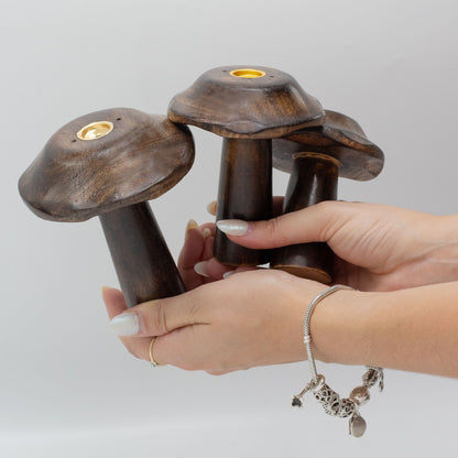 Porte-Encens Champignons Plats – Trio en Bois Sculpté, 13, 12 & 11 cm