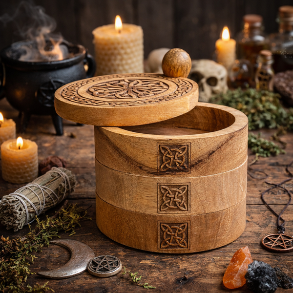 Boîte celtique à trois étages pivotants en bois de manguier sculpté