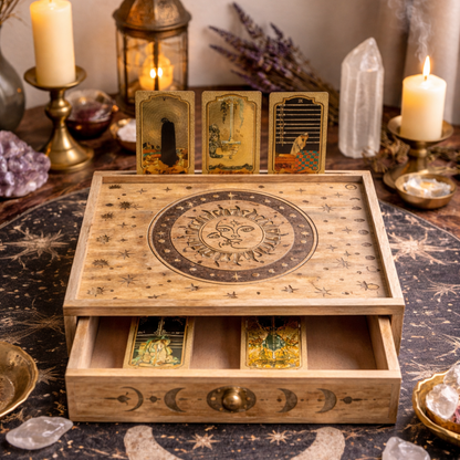 Coffret de tirage Soleil & Lune à tiroir en bois de manguier sculpté