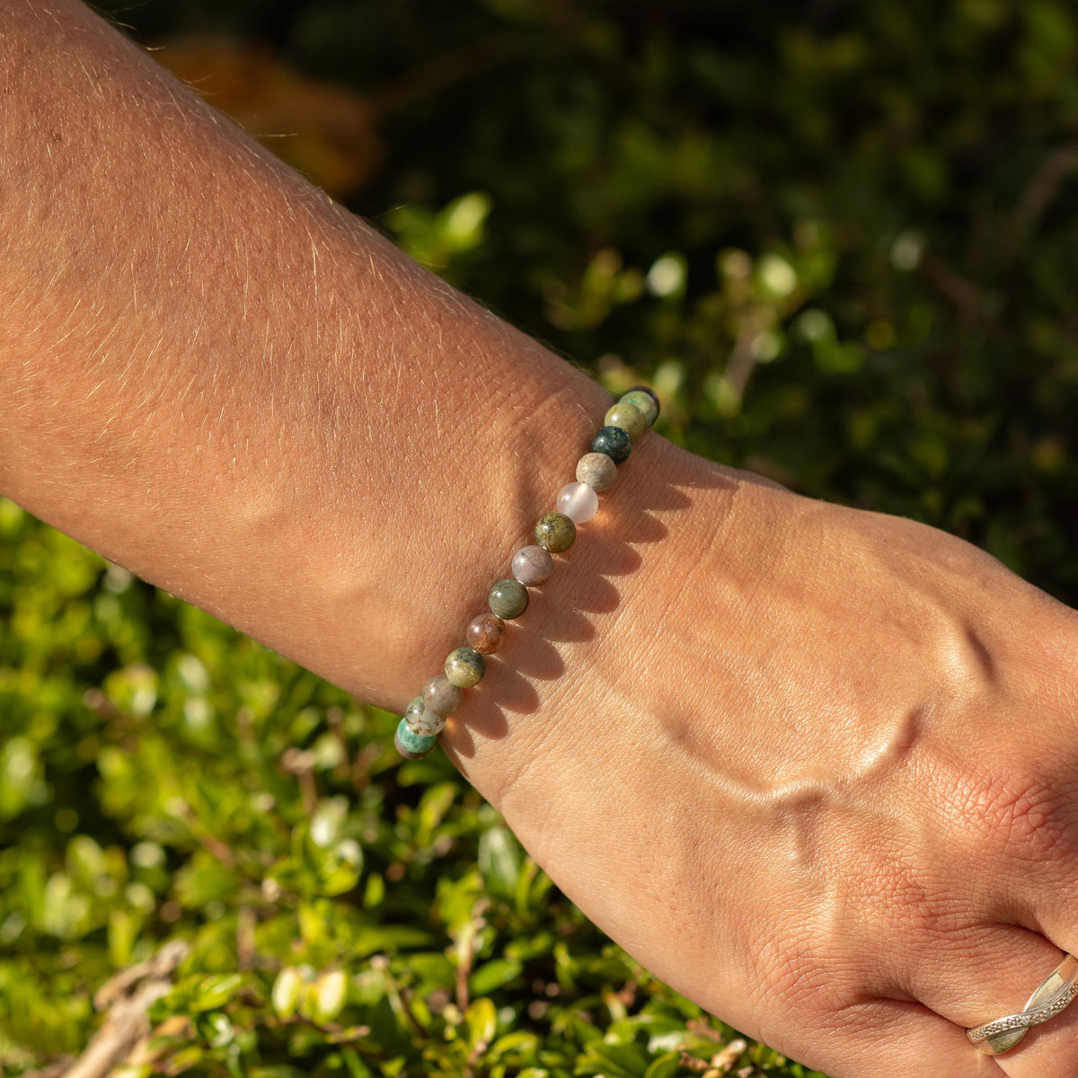 Bracelet Agate Mousse Perles 6 mm – Élastique, 17 cm