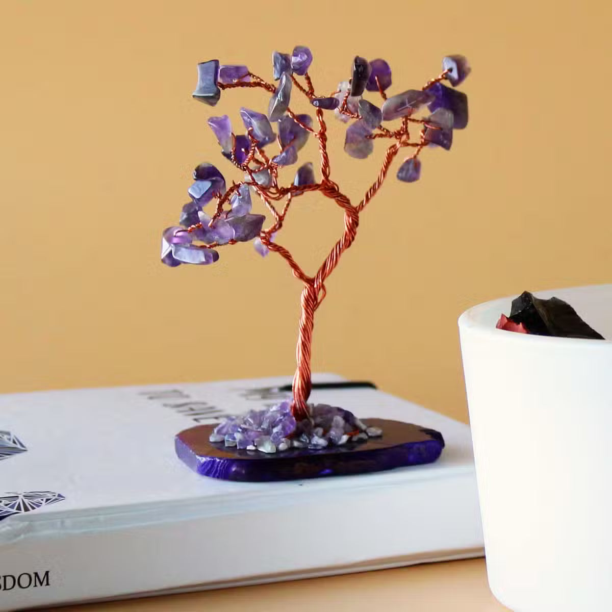 Arbre d'améthyste sur socle d'agate naturelle, 35 pierres