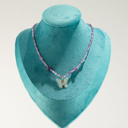 Collier Améthyste – Pendentif Papillon en Véritable Feuille