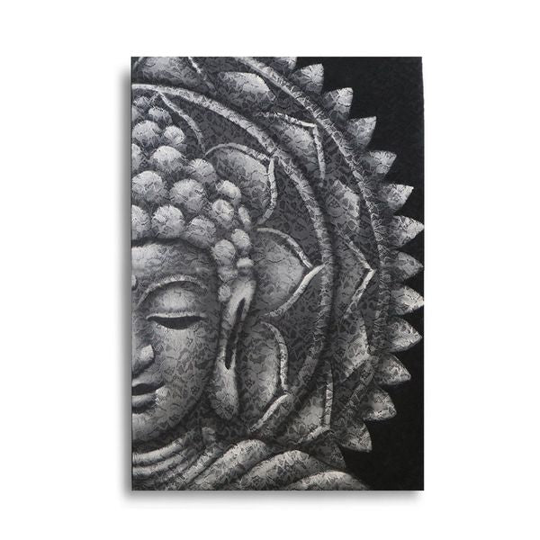 Toile peinte main, profil de Bouddha argent texturé et demi-mandala sur fond noir, 60 × 80 cm
