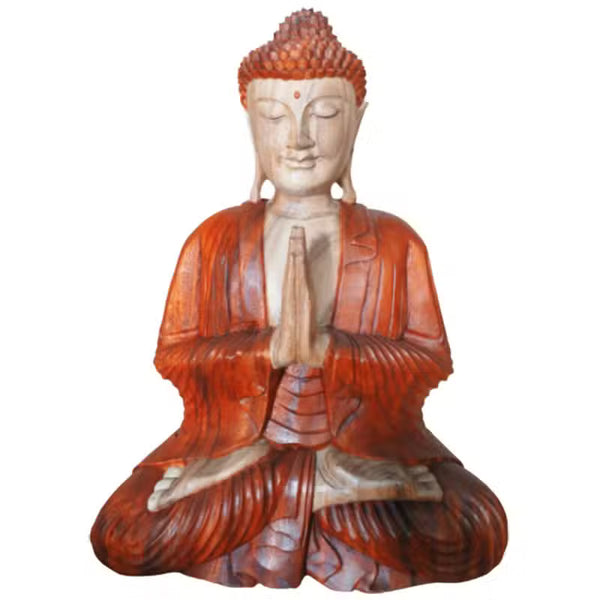 Bouddha mains jointes en bois de suar massif, 60 cm