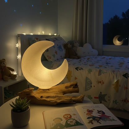 Lampe en Bois Flotté Demi-Lune – Abat-jour Verre Craquelé Gris