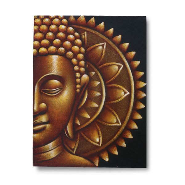 Toile peinte main, profil de Bouddha or et bronze et demi-mandala sur fond noir, 60 × 80 cm