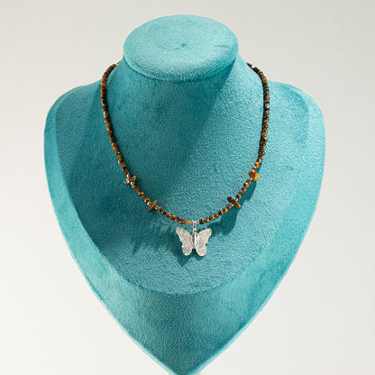 Collier Œil de Tigre – Pendentif Papillon en Véritable Feuille