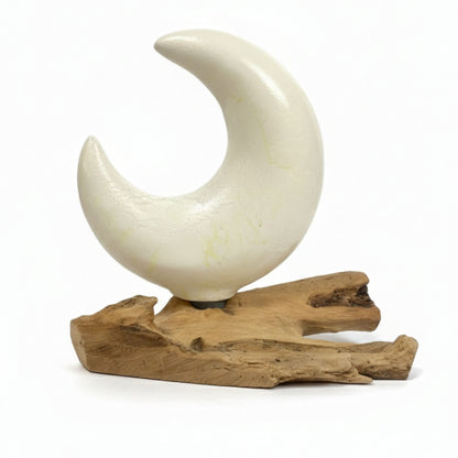 Lampe en Bois Flotté Demi-Lune – Abat-jour Verre Craquelé Gris