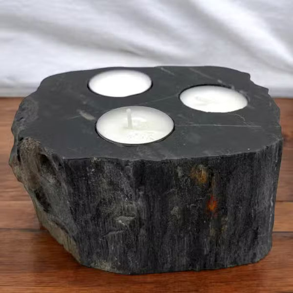 Grand bougeoir en bois pétrifié sombre à trois bougies