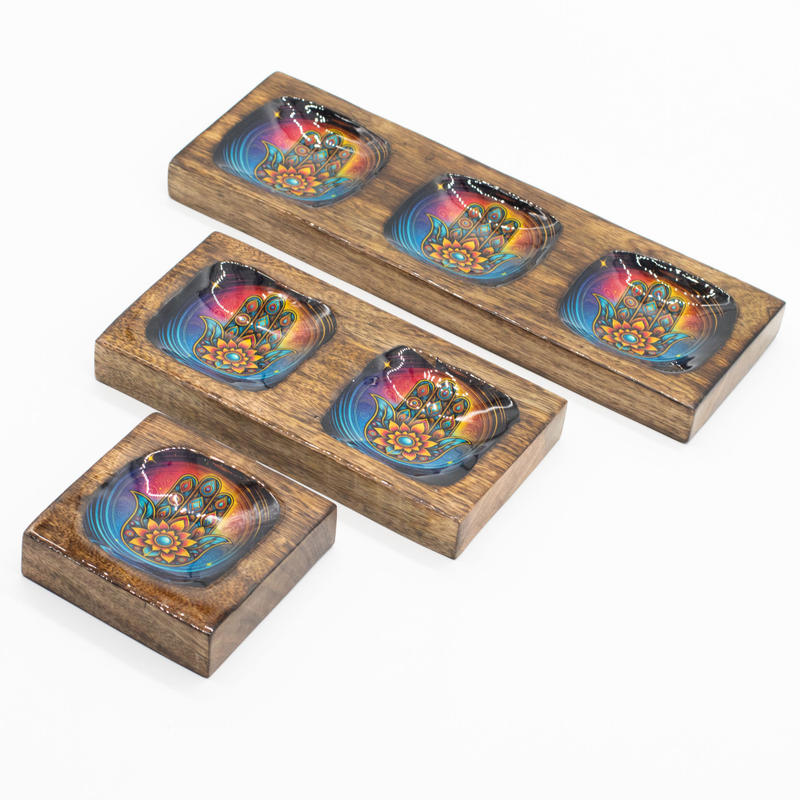 Trio de plateaux en manguier à main de Hamsa émaillée, 1, 2 et 3 compartiments