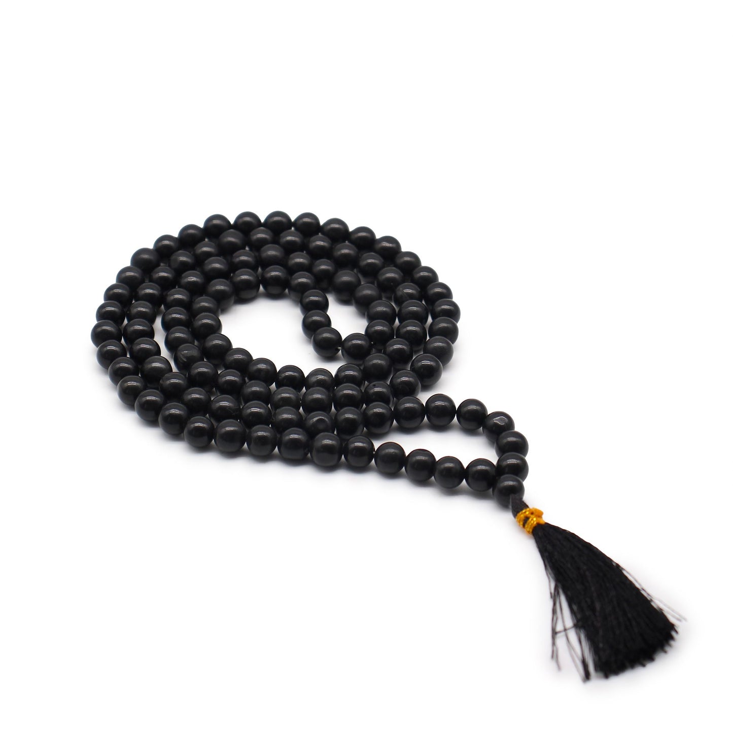 Mala de 108 perles d'agate noire avec perle de tête et pompon