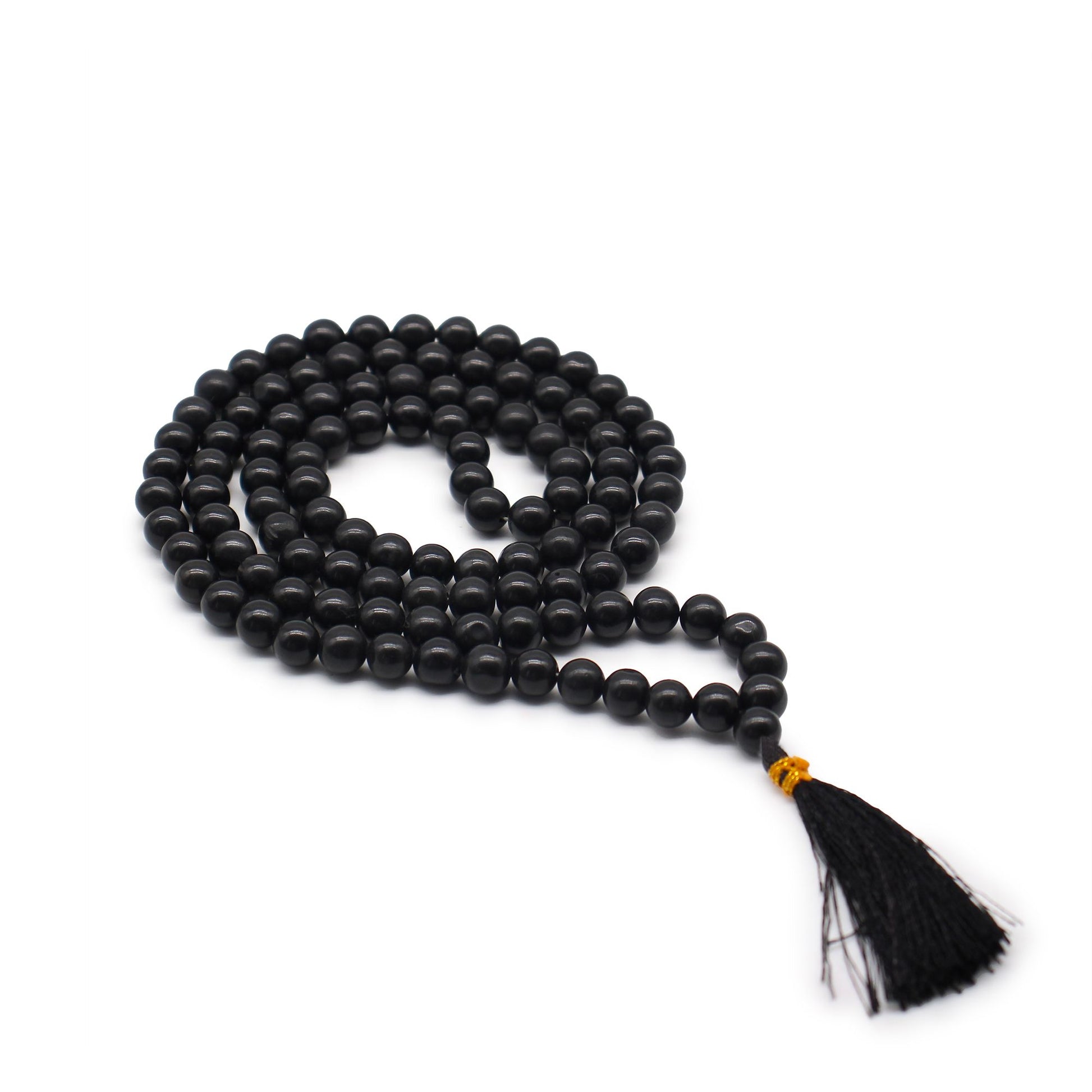 Mala de 108 perles d'agate noire avec perle de tête et pompon