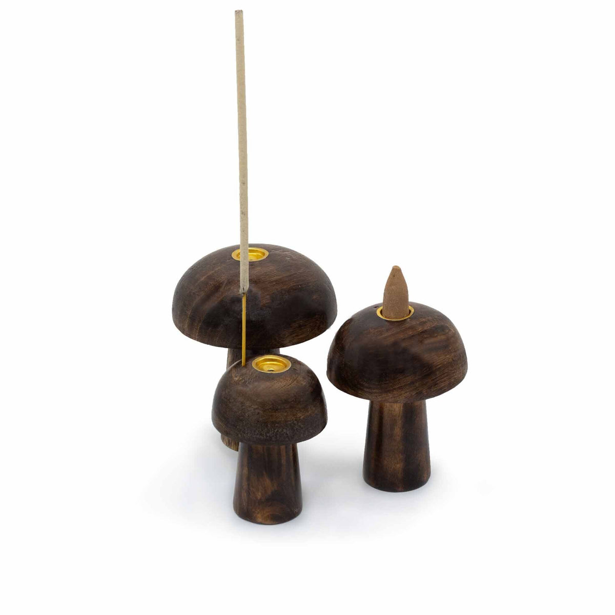 Porte-Encens Champignons – Trio en Bois Sculpté, 10, 9 & 8 cm
