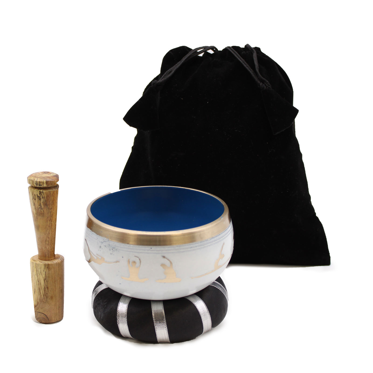 Coffret bol chantant postures de yoga blanc et bleu avec coussin, maillet et pochette