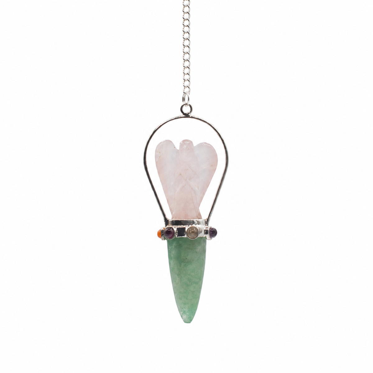 Pendule ange en quartz rose et aventurine verte avec bande des sept chakras