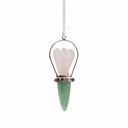 Pendule ange en quartz rose et aventurine verte avec bande des sept chakras