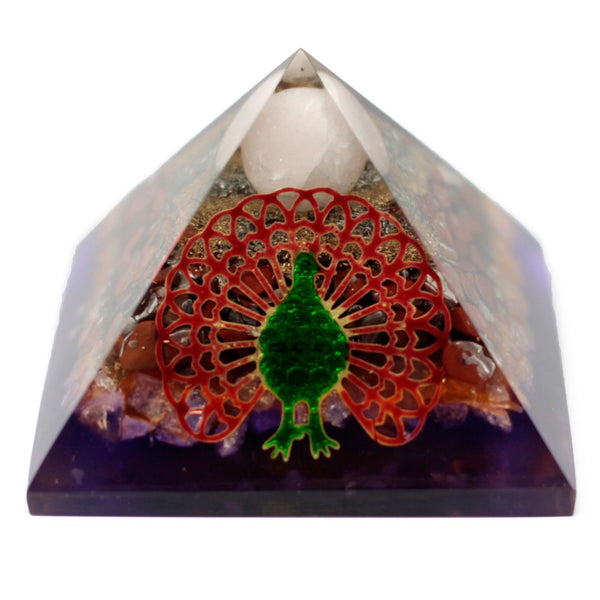 Grande pyramide en orgonite au motif de paon déployé, 70 mm