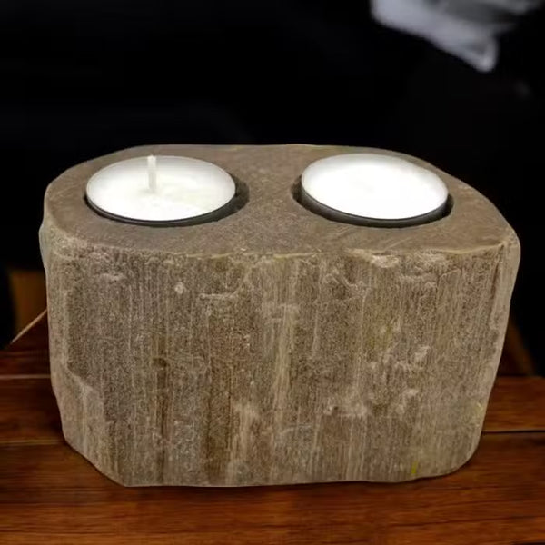 Bougeoir en bois pétrifié, bloc large à deux bougies