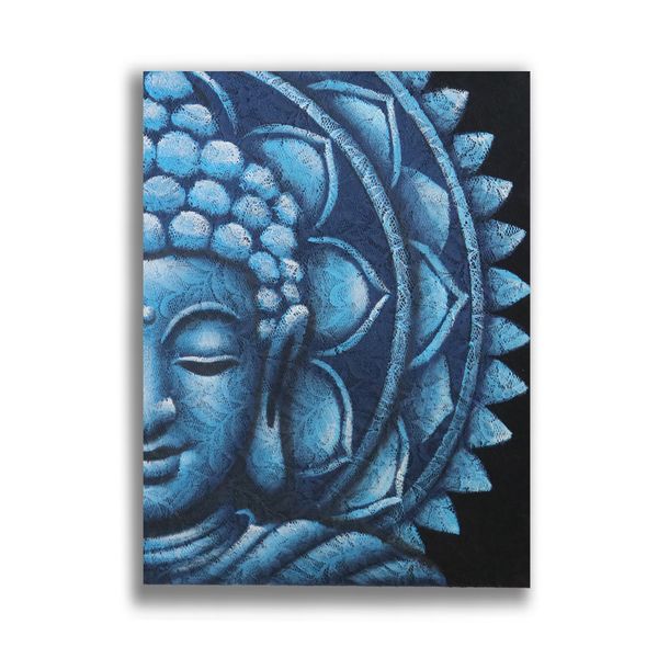 Toile peinte main, profil de Bouddha bleu métallisé et demi-mandala rayonnant sur fond noir, 60 × 80 cm