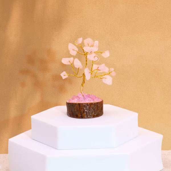 Mini arbre de quartz rose sur socle en bois, 15 pierres