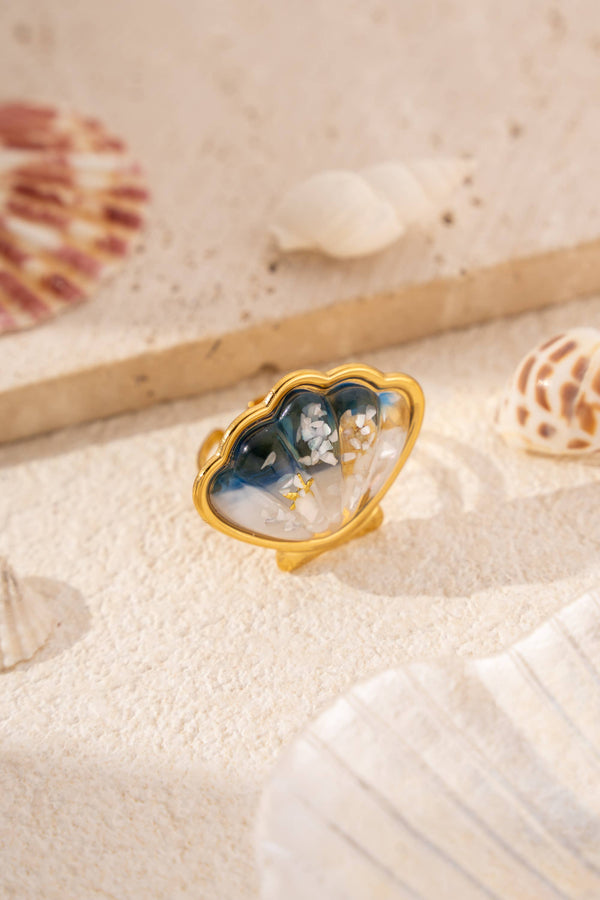 Bague Coquillage Nacré Bleu Ajustable – Acier Inoxydable Doré Esprit Océan