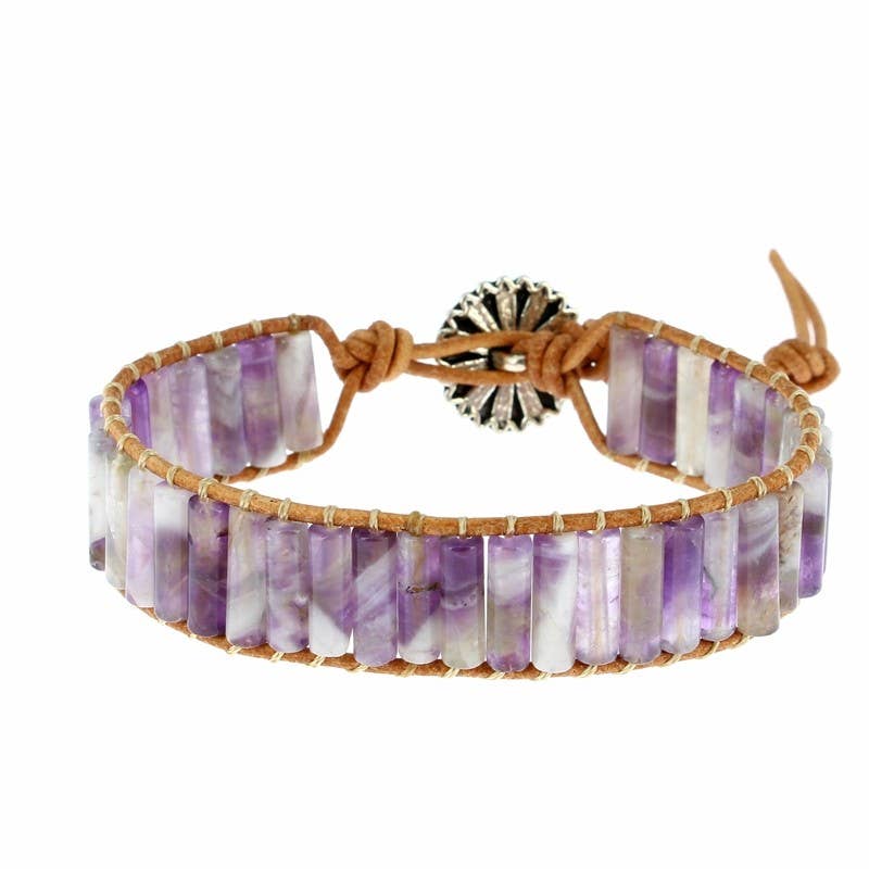 Bracelet Améthyste Chevron Petits Tubes 4 x 13 mm et Cuir