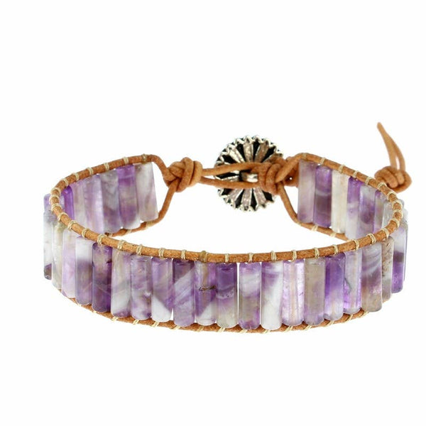 Bracelet Améthyste Chevron Petits Tubes 4 x 13 mm et Cuir