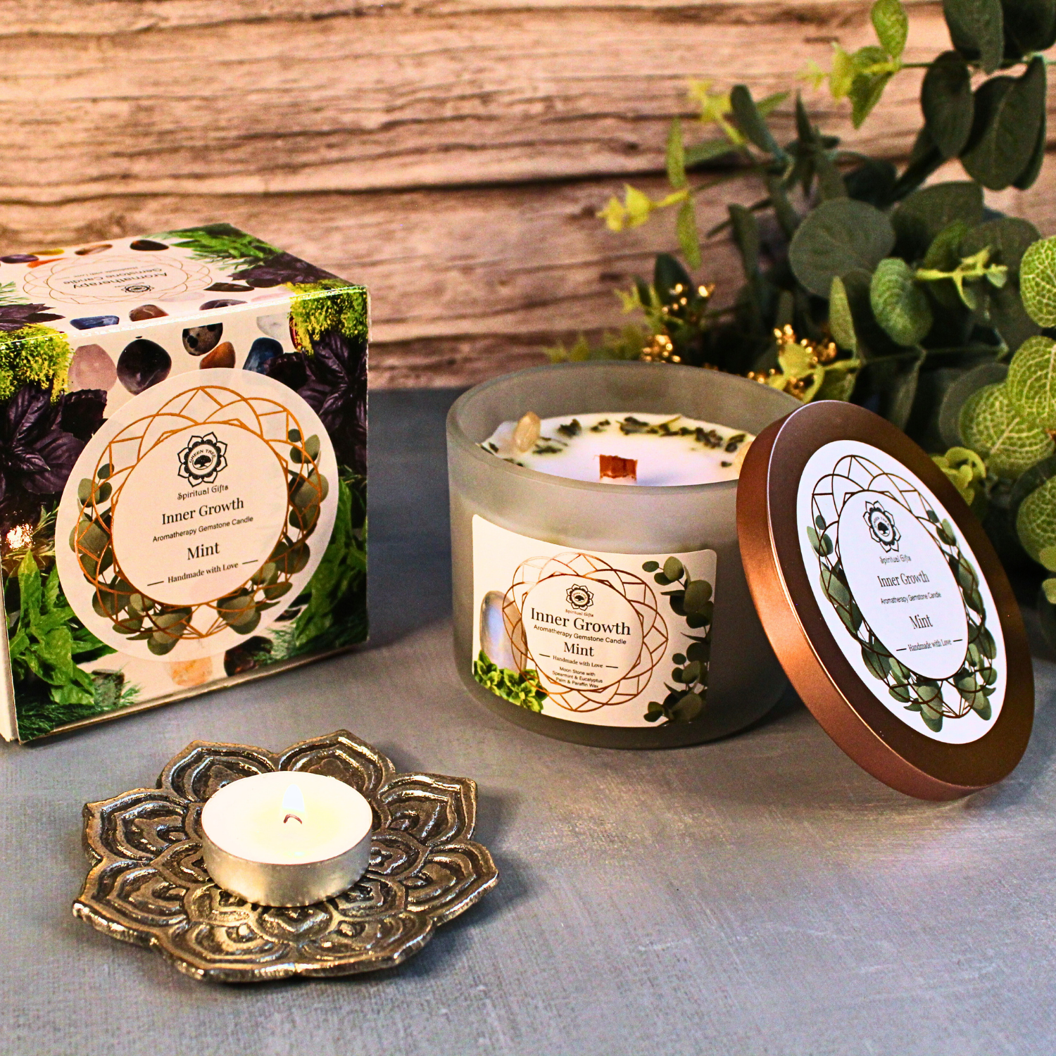 Bougie Parfumée Pierre Précieuse – Croissance Intérieure à la Menthe (256 g)